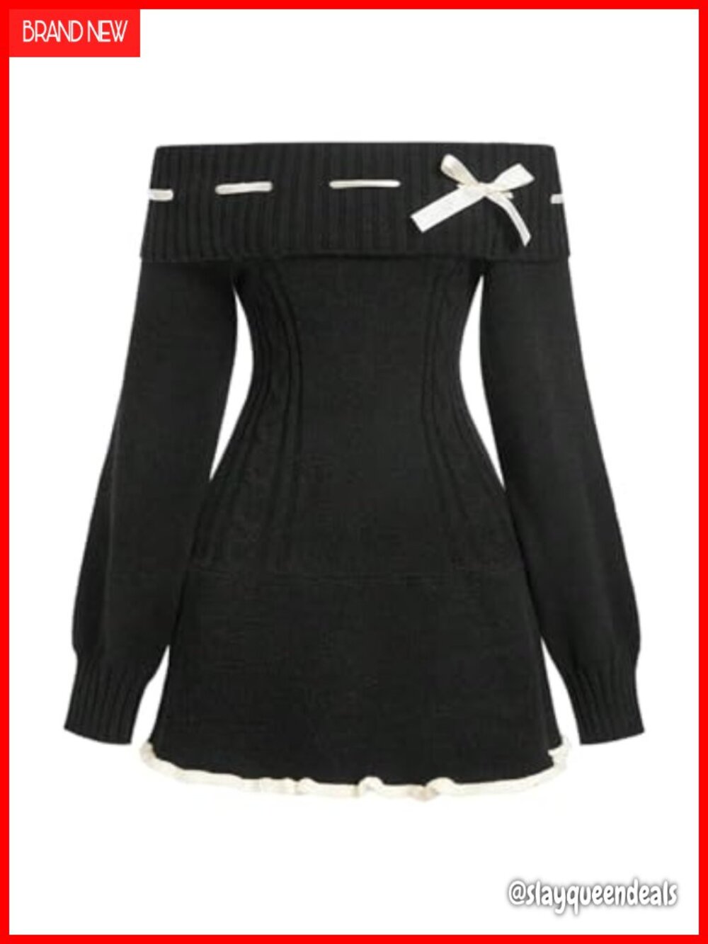 Off Shoulder Bow Front Knit Sweater Dress Long Sleeve Mini Bodycon